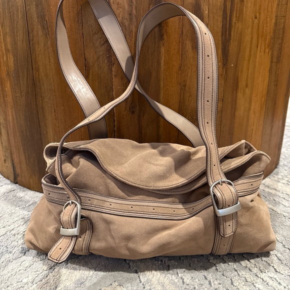 Longaberger Fold Over Hobo Handbag Purse Suede Leather Taupe Sisters P - Picture 1 of 12